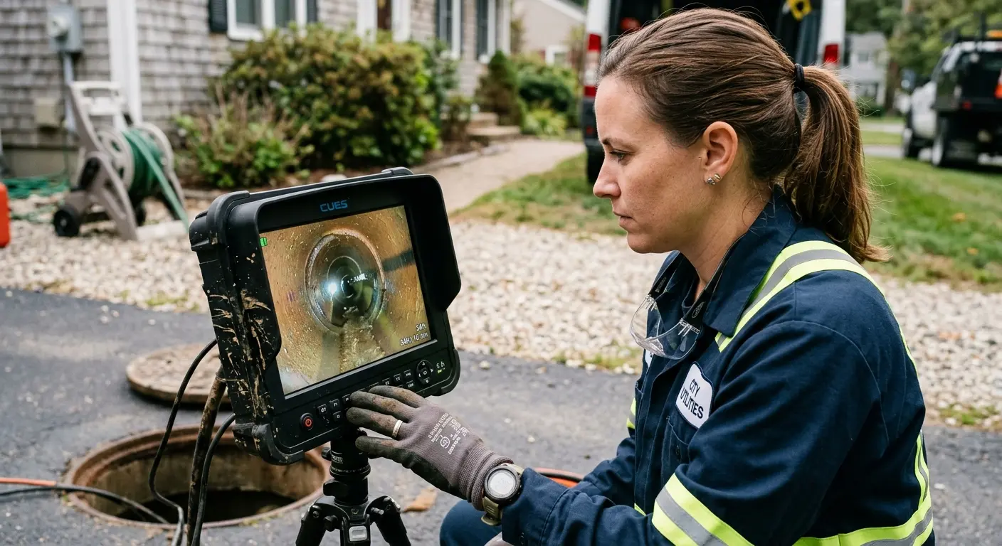 Technician reviewing sewer camera inspection footage in Woodlake