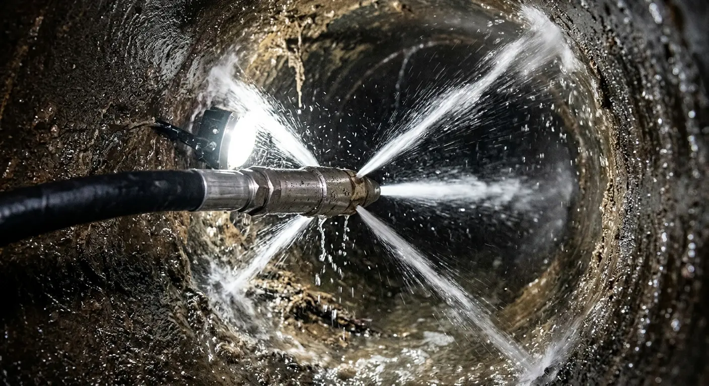 High-pressure hydro jetting nozzle cleaning sewer pipe for Sewer Cleanout in Woodlake