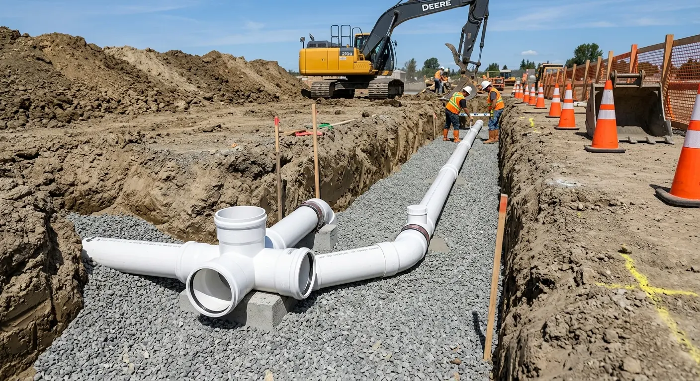 New PVC sewer pipe installation in open trench for Sewer Backup in Woodlake