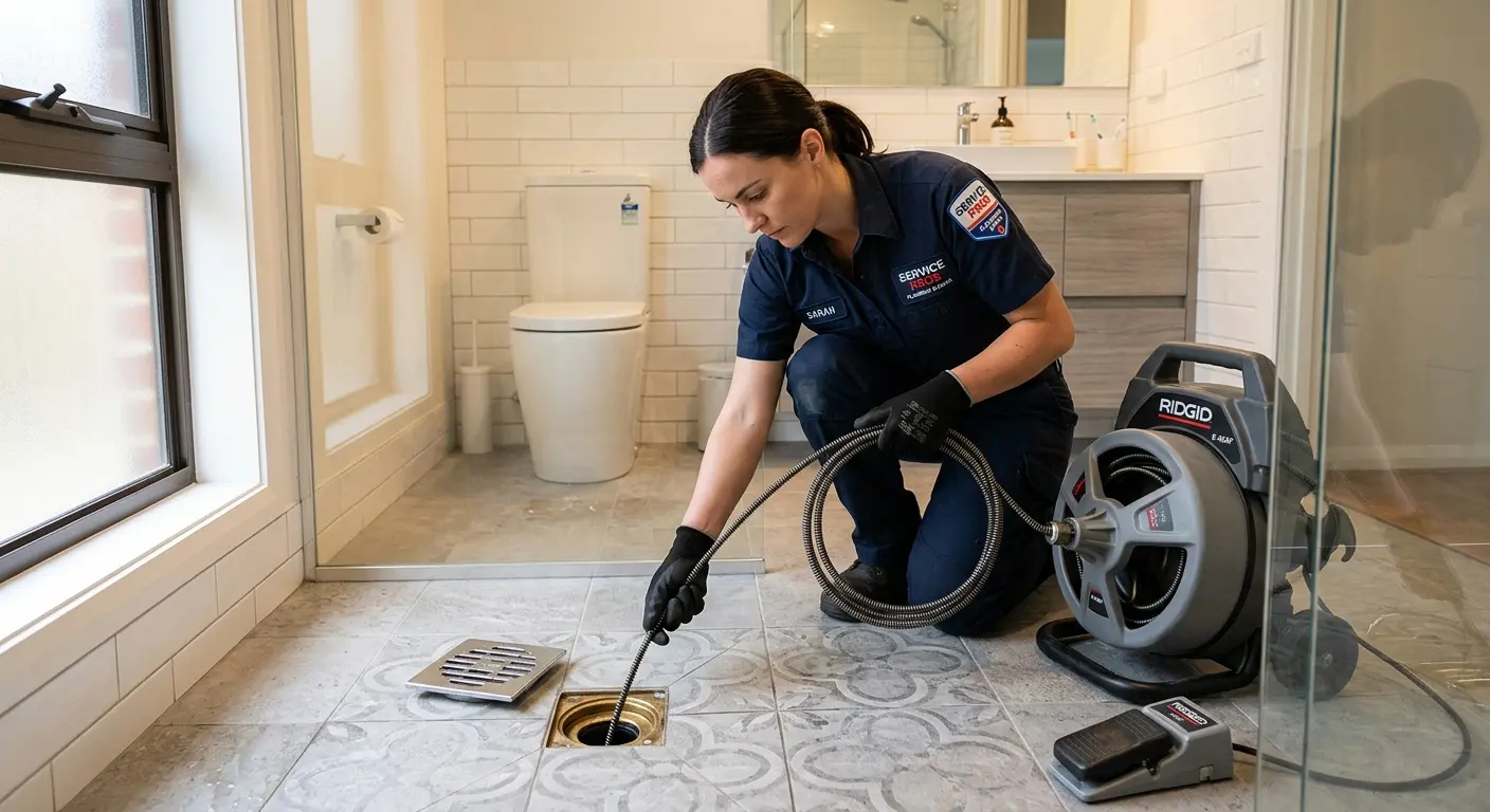 Technician clearing a bathroom floor drain for Sewer Line Replacement in Woodlake